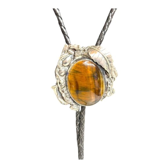 Navajo Jewelry - Large Artisan Crafted Tigers Eye Sterling Silver Bolo Tie Southwestern Signed 76